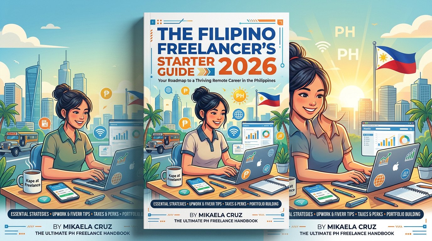 Illustrated Filipino woman working on a laptop with charts and Philippine flag