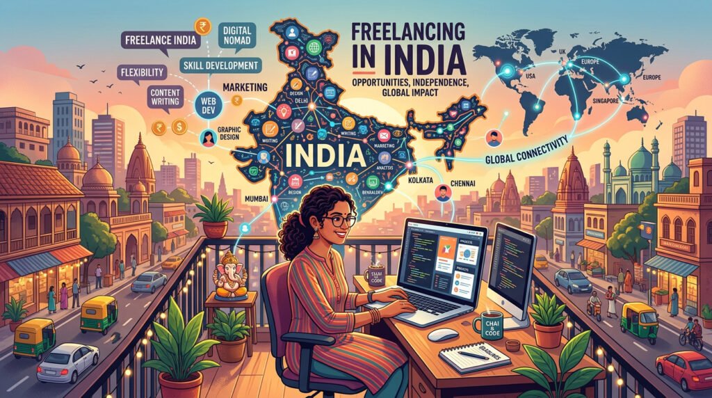 Freelancing in India map with key cities, skills like web development and graphic design, and global connectivity to USA, UK, Europe, and Singapore.