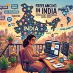 Freelancing in India map with key cities, skills like web development and graphic design, and global connectivity to USA, UK, Europe, and Singapore.